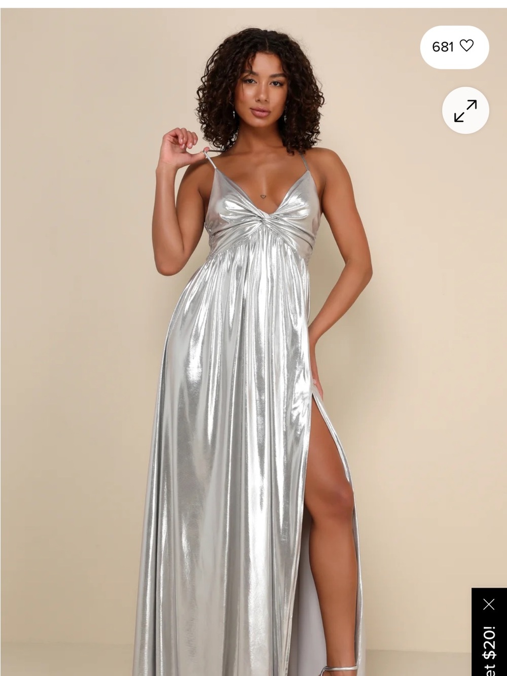 Lulu's Silver Metallic Twist Maxi Gown with High Slit - Picture 4 of 9